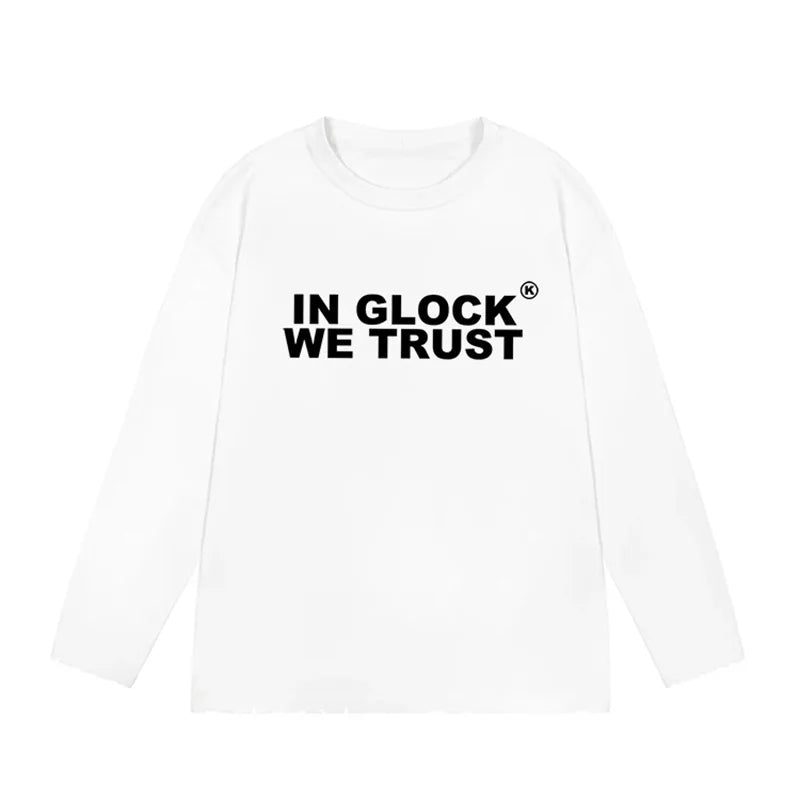 Mens Y2K "IN GLOCK WE TRUST" Graphic Long Sleeve Top T Shirt