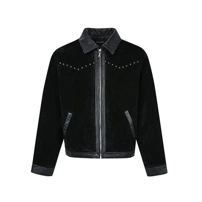 Mens Y2K Turn Down Collar Patchwork Rivet Faux Leather Jacket