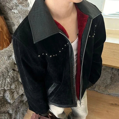 Mens Y2K Turn Down Collar Patchwork Rivet Faux Leather Jacket