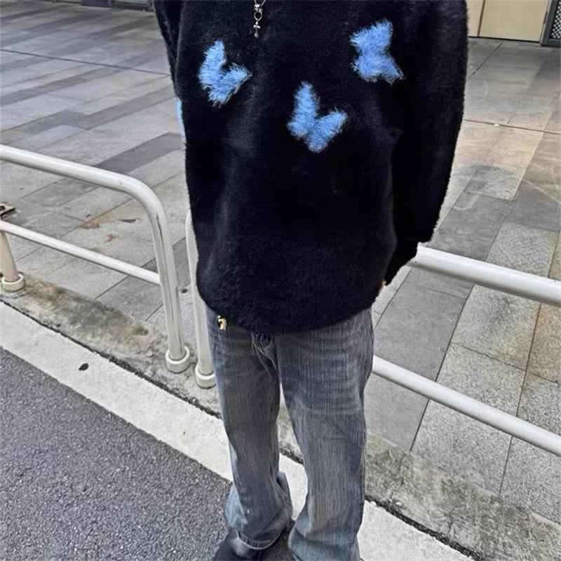Mohair Y2K Blue Butterfly Knitted Cosy Jumper Sweater