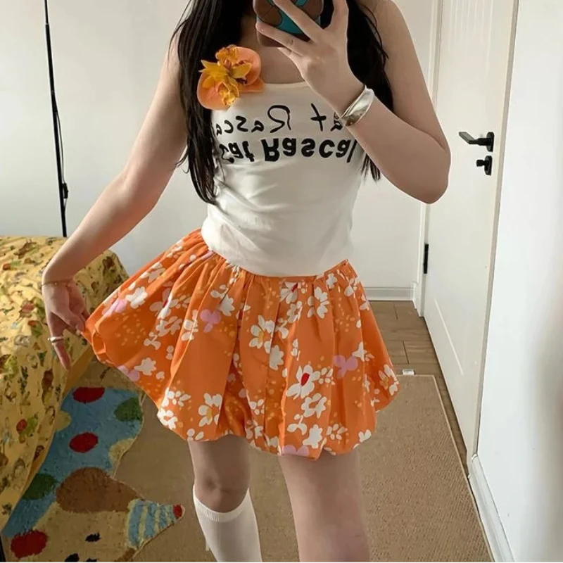Orange Y2K High Waist Puffy Floral Mini Skirt