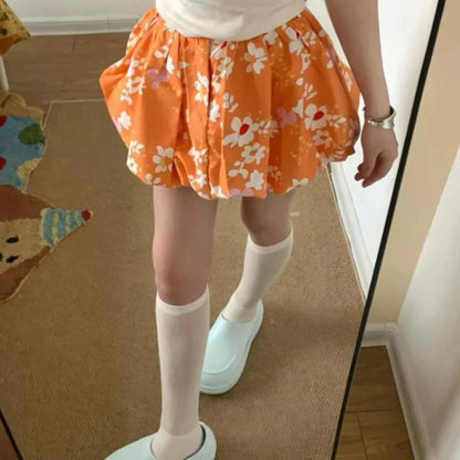 Orange Y2K High Waist Puffy Floral Mini Skirt