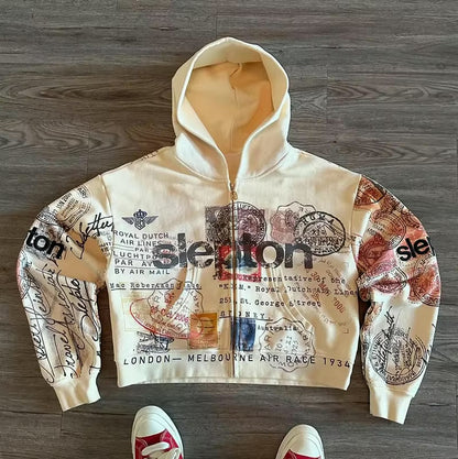 Passport Stamps Y2K Graphic Zip Up Hoodie