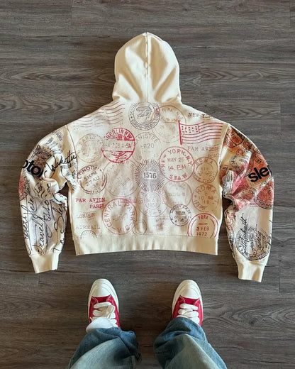Passport Stamps Y2K Graphic Zip Up Hoodie