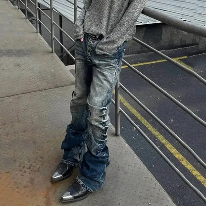 Pleated Y2K Mens Washed Denim Flared Jeans