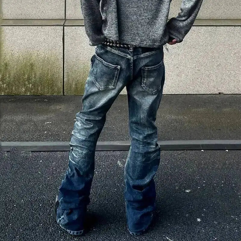 Pleated Y2K Mens Washed Denim Flared Jeans