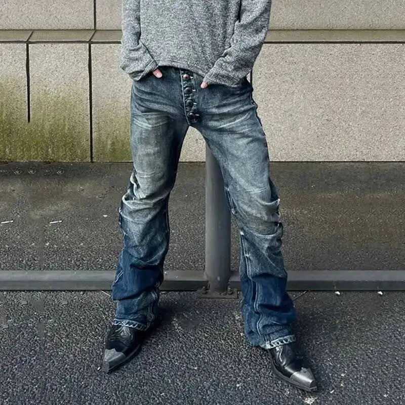 Pleated Y2K Mens Washed Denim Flared Jeans