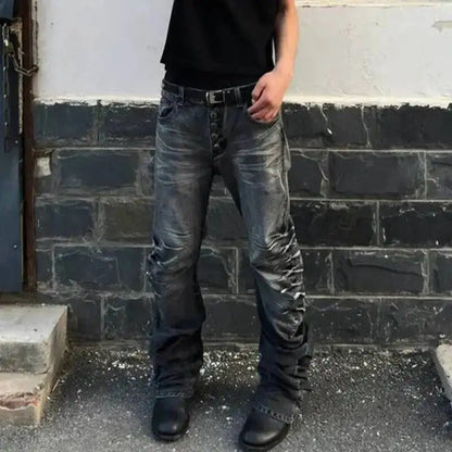 Pleated Y2K Mens Washed Denim Flared Jeans