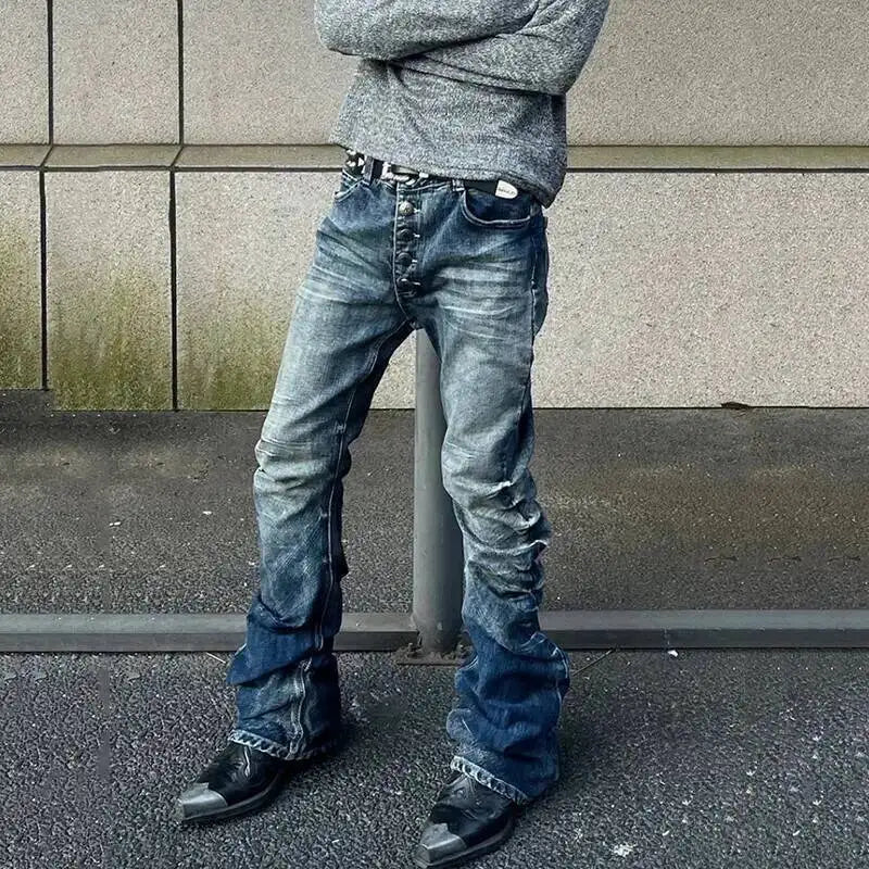 Pleated Y2K Mens Washed Denim Flared Jeans