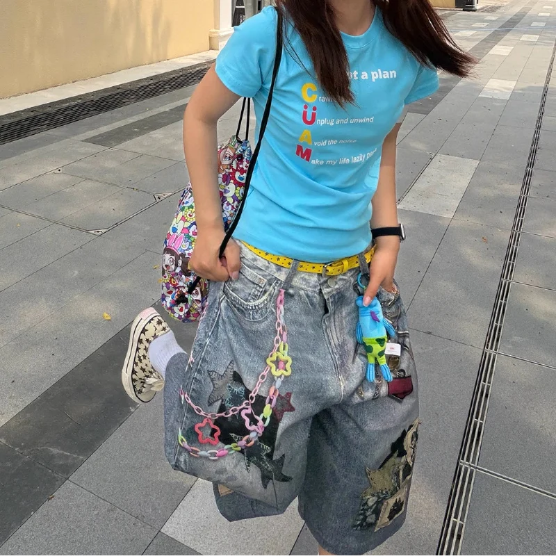 Print Y2K Persi Patchwork Washed Wide Leg Denim Shorts Jorts