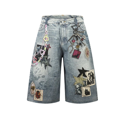 Print Y2K Persi Patchwork Washed Wide Leg Denim Shorts Jorts