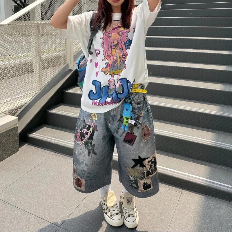 Print Y2K Persi Patchwork Washed Wide Leg Denim Shorts Jorts