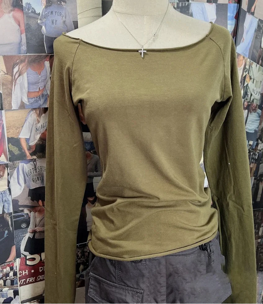 Raw Hem Y2K Slim Cropped Long Sleeve Top