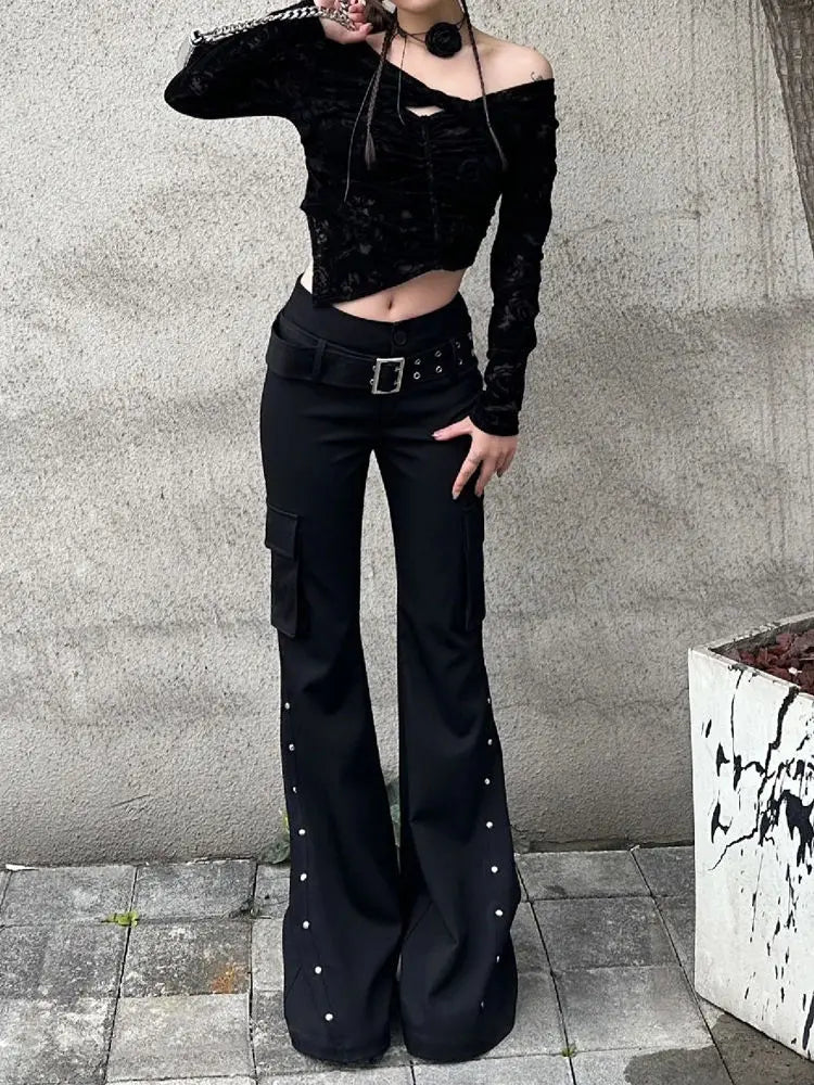 Retro Grunge Y2K Rivet Design Belt Flared Jeans