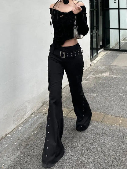 Retro Grunge Y2K Rivet Design Belt Flared Jeans