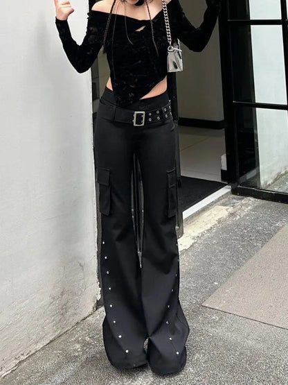 Retro Grunge Y2K Rivet Design Belt Flared Jeans