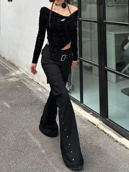 Retro Grunge Y2K Rivet Design Belt Flared Jeans