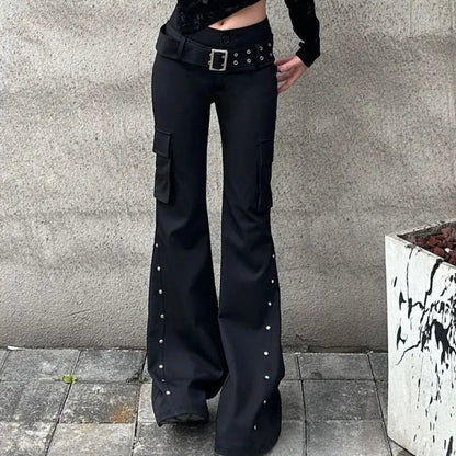 Retro Grunge Y2K Rivet Design Belt Flared Jeans