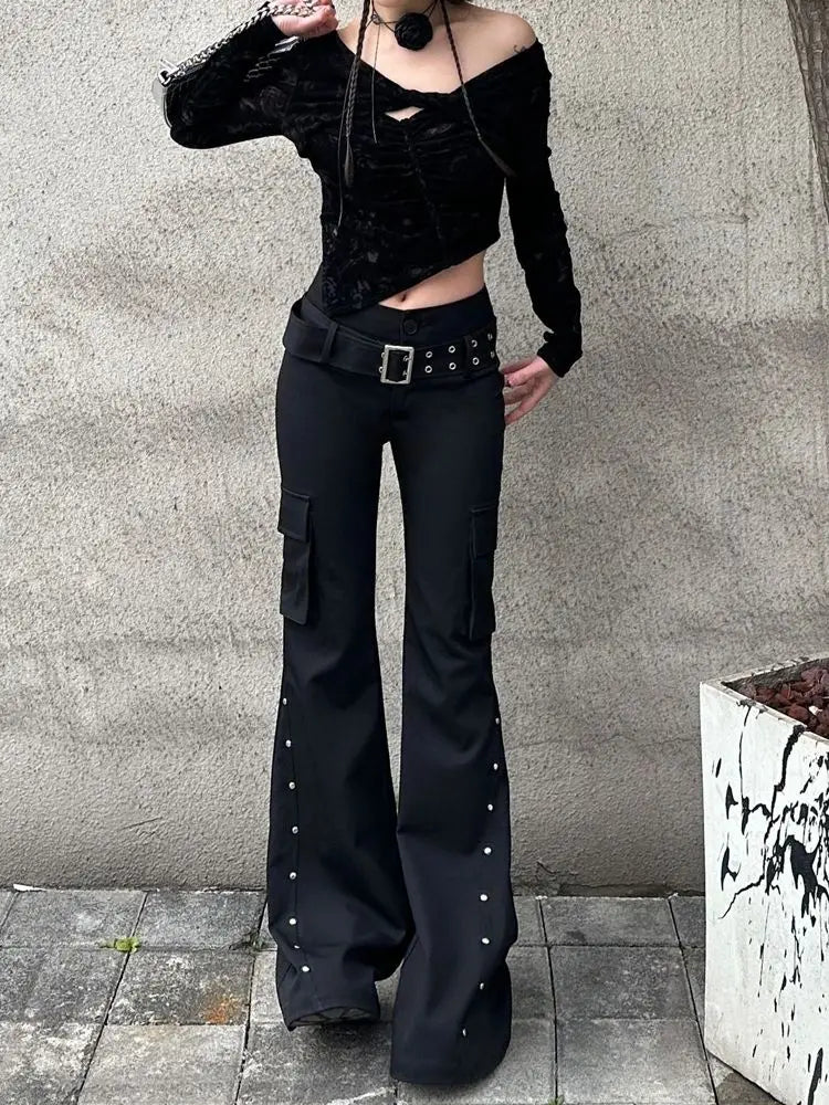 Retro Grunge Y2K Rivet Design Belt Flared Jeans