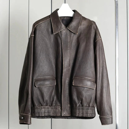 Retro Y2K Oversized Distressed Brown Faux Leather Jacket