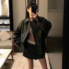 Retro Y2K Oversized Distressed Brown Faux Leather Jacket