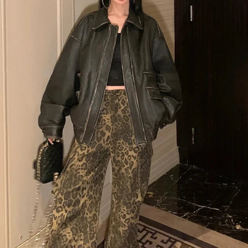 Retro Y2K Oversized Distressed Brown Faux Leather Jacket