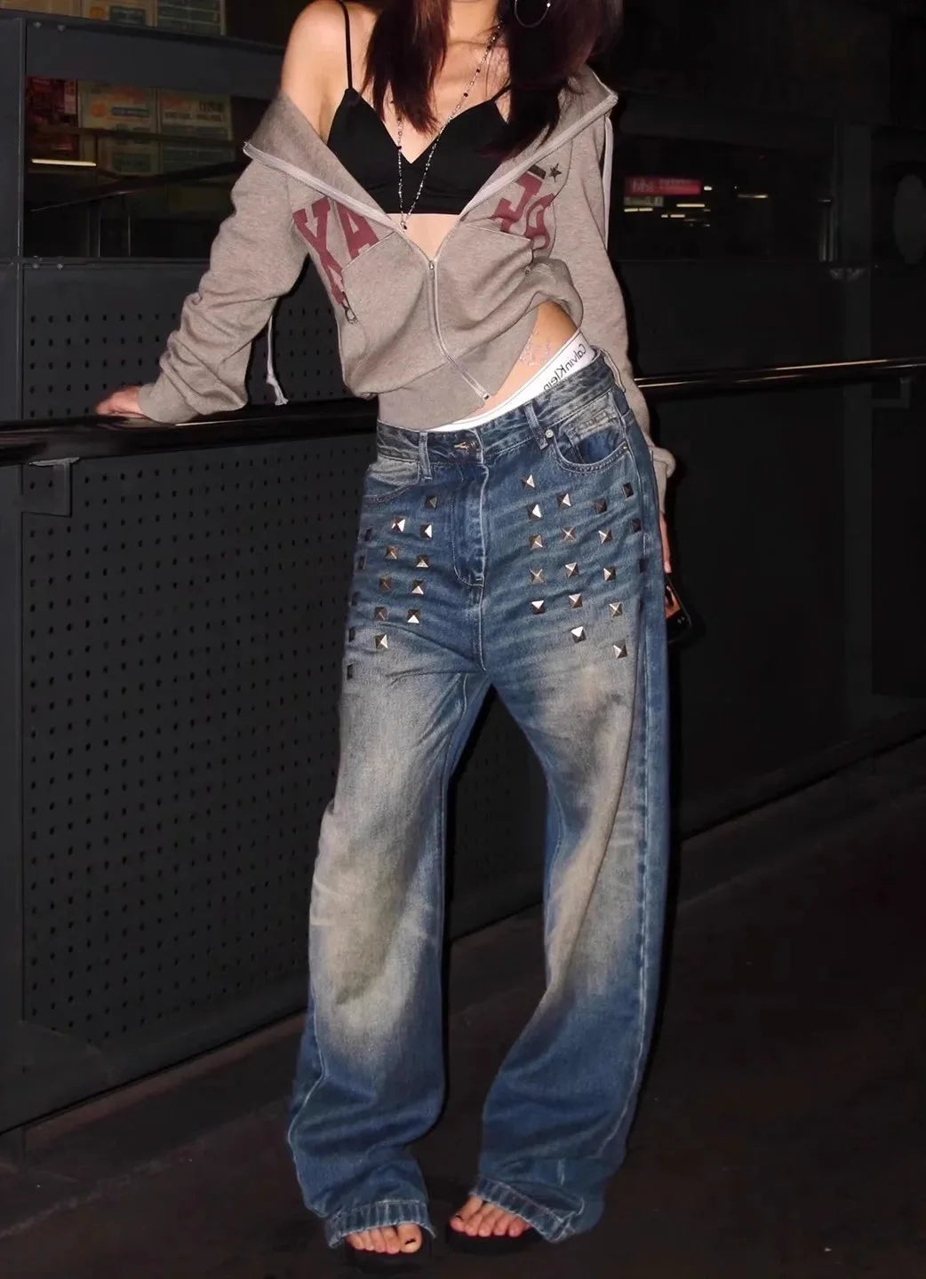 Retro Y2K Studded Wide Leg Low Rise Denim Jeans