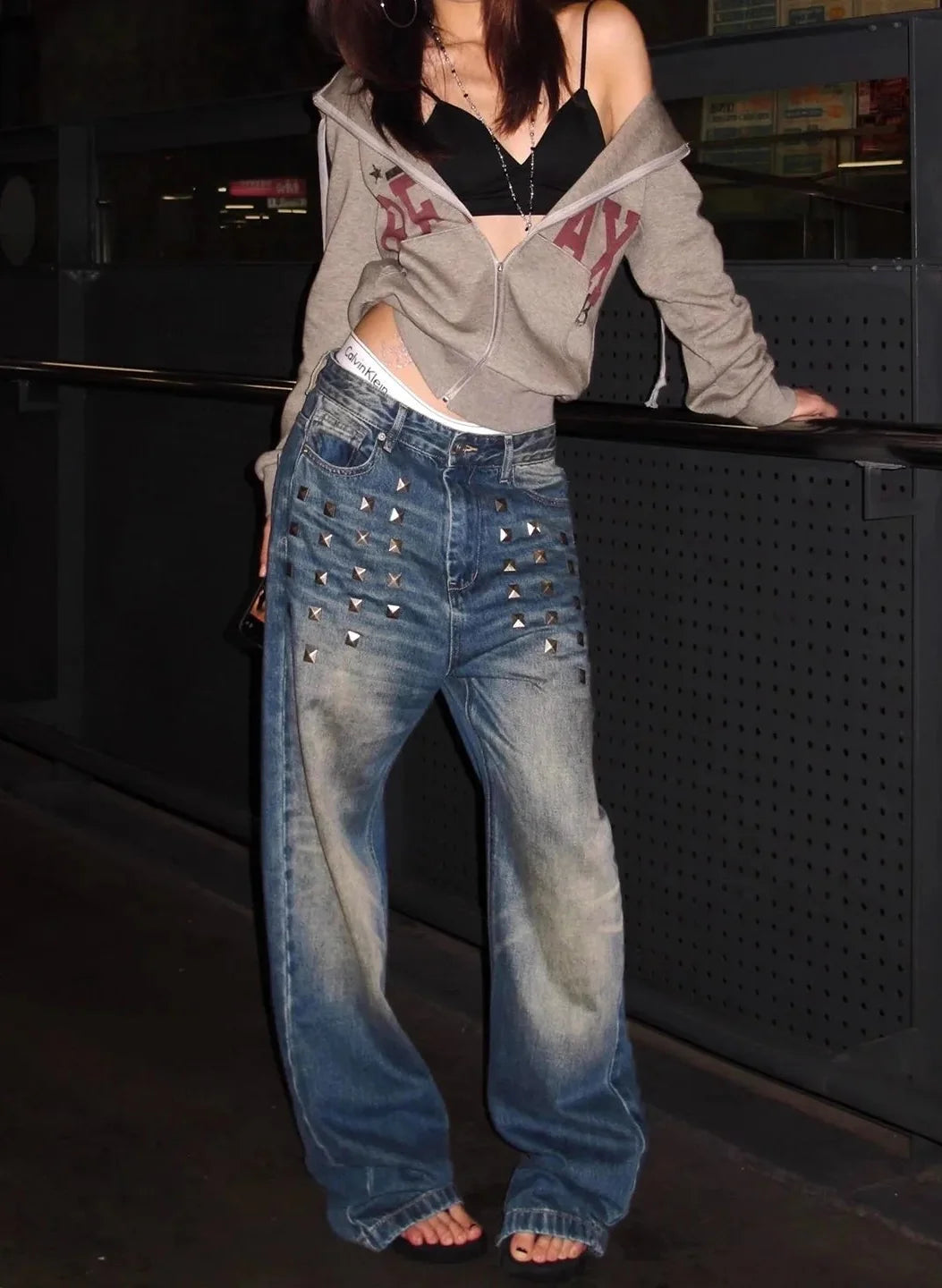 Retro Y2K Studded Wide Leg Low Rise Denim Jeans