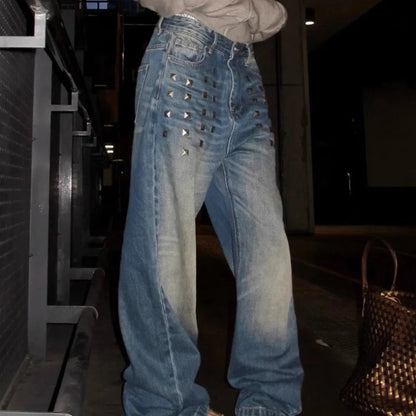 Retro Y2K Studded Wide Leg Low Rise Denim Jeans