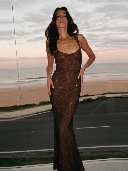 Sexy Y2K Square Collar Mesh Rhinestone Diamond Backless Maxi Dress