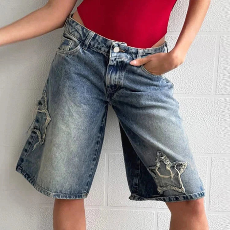 Star Embroidered Y2K Low Rise Washed Jorts