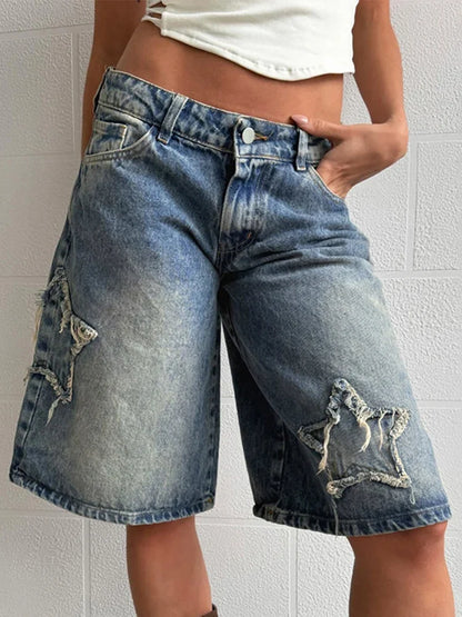 Star Embroidered Y2K Low Rise Washed Jorts