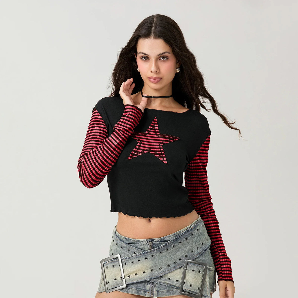 Striped Y2K Star Graphic Cropped Long Sleeve Top