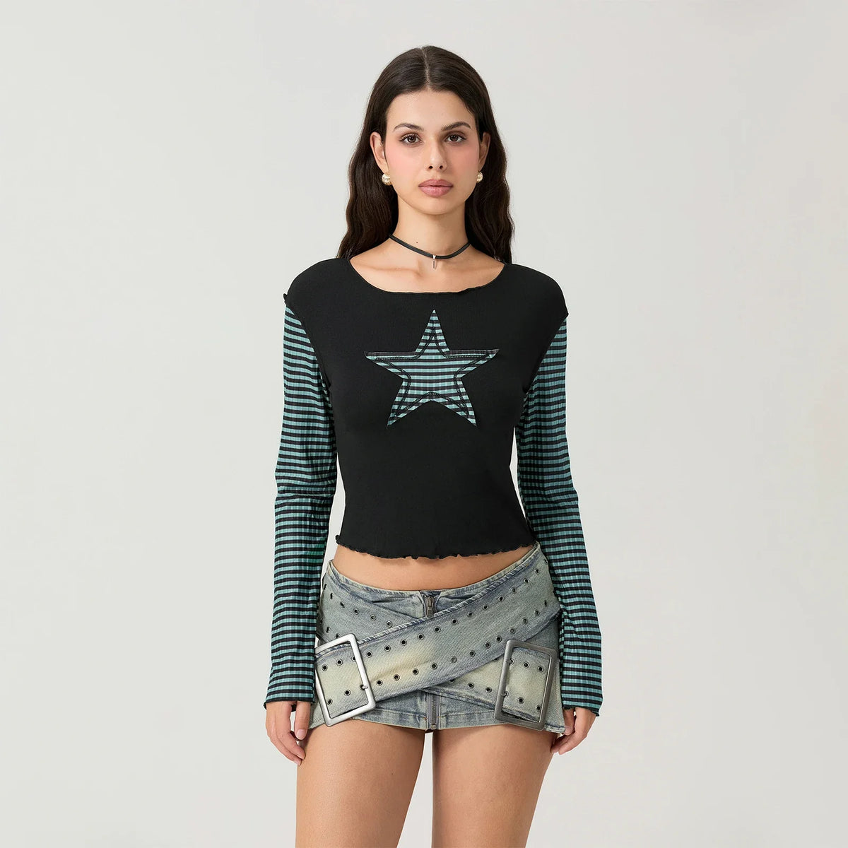 Striped Y2K Star Graphic Cropped Long Sleeve Top