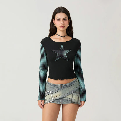 Striped Y2K Star Graphic Cropped Long Sleeve Top