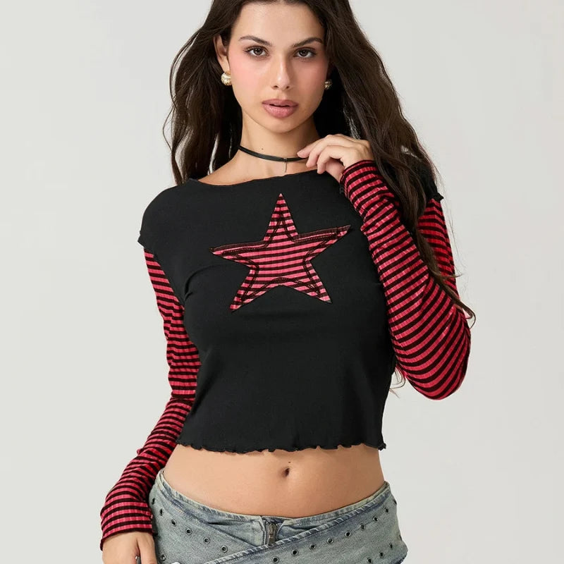 Striped Y2K Star Graphic Cropped Long Sleeve Top