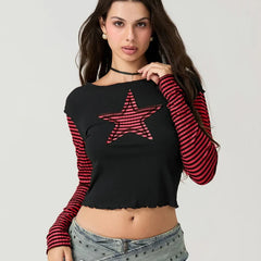 Striped Y2K Star Graphic Cropped Long Sleeve Top
