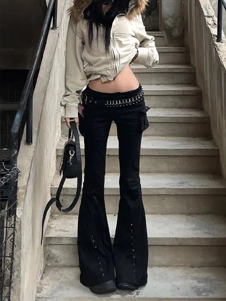 Studded Y2K Gothic Black High Waist Flare Jeans