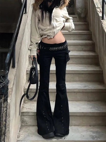 Studded Y2K Gothic Black High Waist Flare Jeans