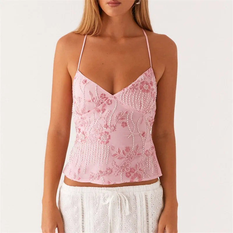 Summer Y2K Sequin Rhinestone Halter Cami Crop Top