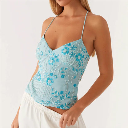Summer Y2K Sequin Rhinestone Halter Cami Crop Top