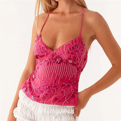 Summer Y2K Sequin Rhinestone Halter Cami Crop Top