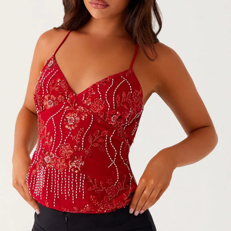 Summer Y2K Sequin Rhinestone Halter Cami Crop Top