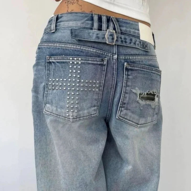 Summer Y2K Washed Distressed Baggy Rhinestone Jeans