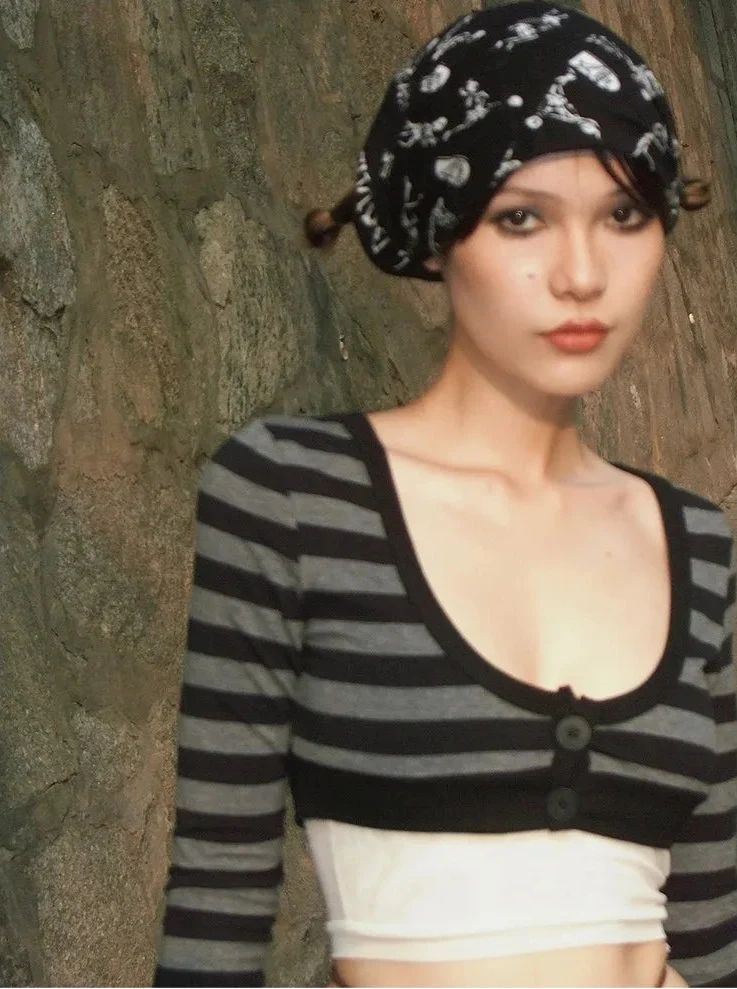 Trashy Y2K Striped Low Cut Long Sleeve Crop Top