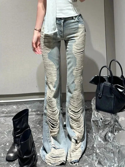Ultra Distressed Y2K Skinny Flare Low Waisted Jeans