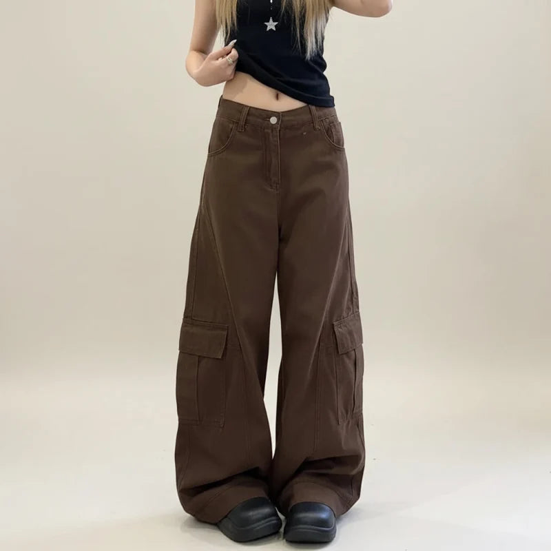 Vintage Brown Y2K Wide Leg Cargo Jeans