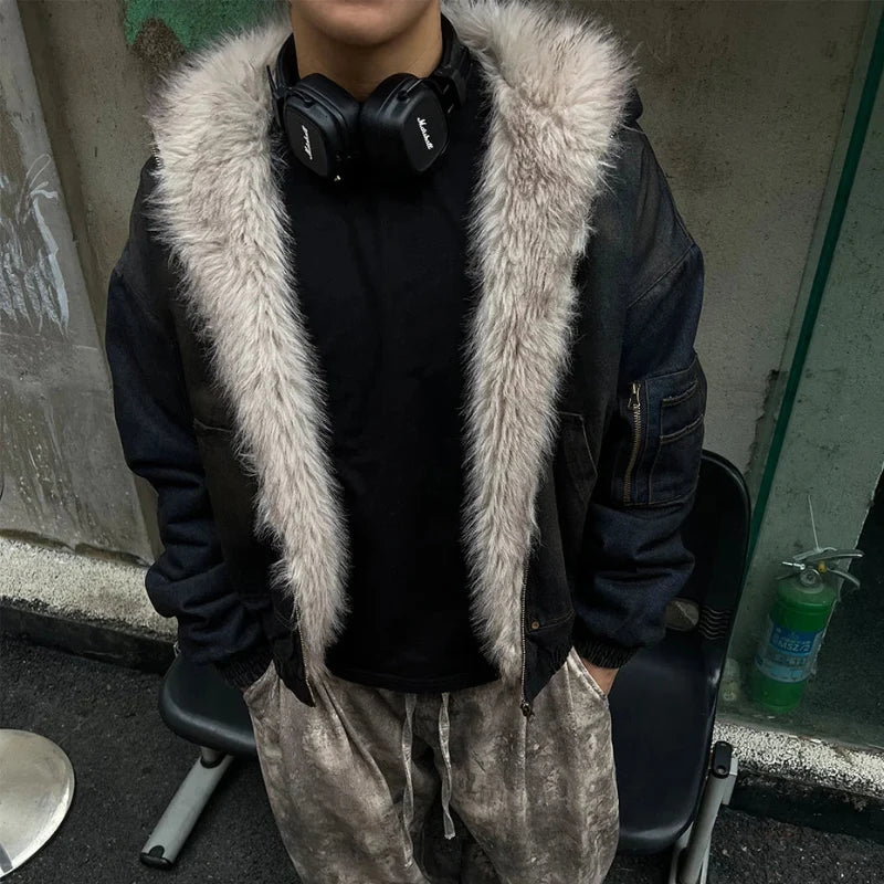 Vintage Denim Y2K Faux Fur Parka Padded Jacket Coat