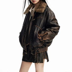 Vintage Distressed Y2K Brown Faux Leather and Fur Jacket