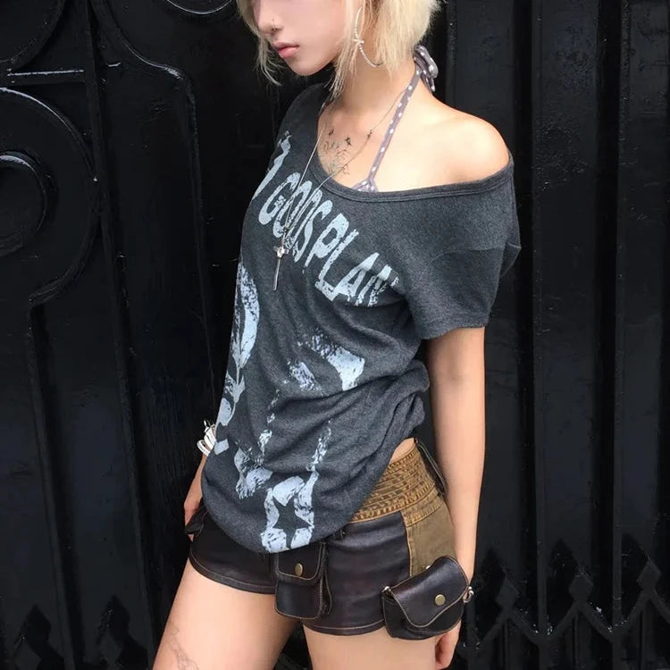 Vintage Grunge Y2K Gods Plan Graphic Off Shoulder Top